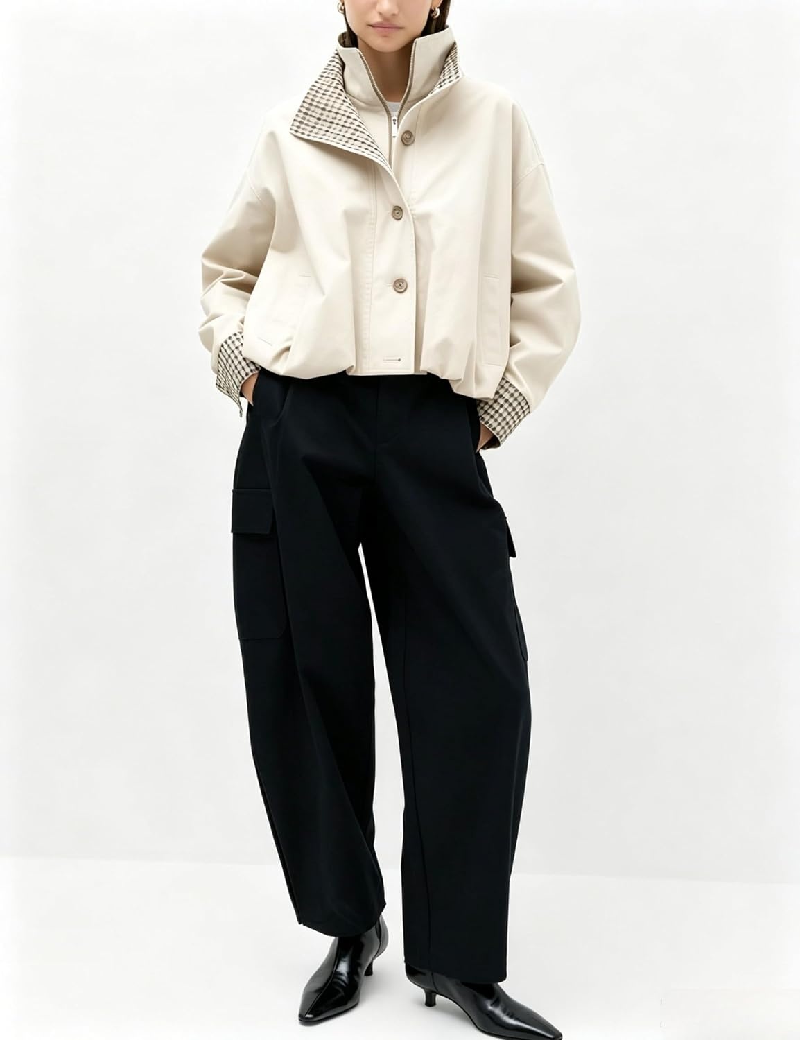 image:imageYeokou Womens Oversized Bomber Jacket Plaid Lined Zip Button CoatBeige
