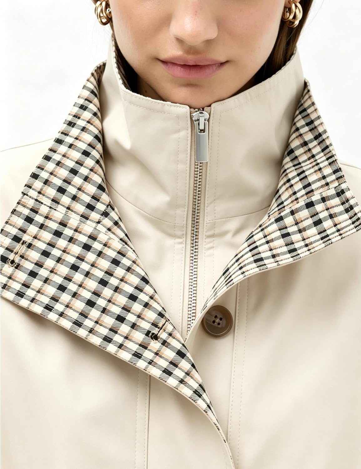 image:imageYeokou Womens Oversized Bomber Jacket Plaid Lined Zip Button CoatBeige