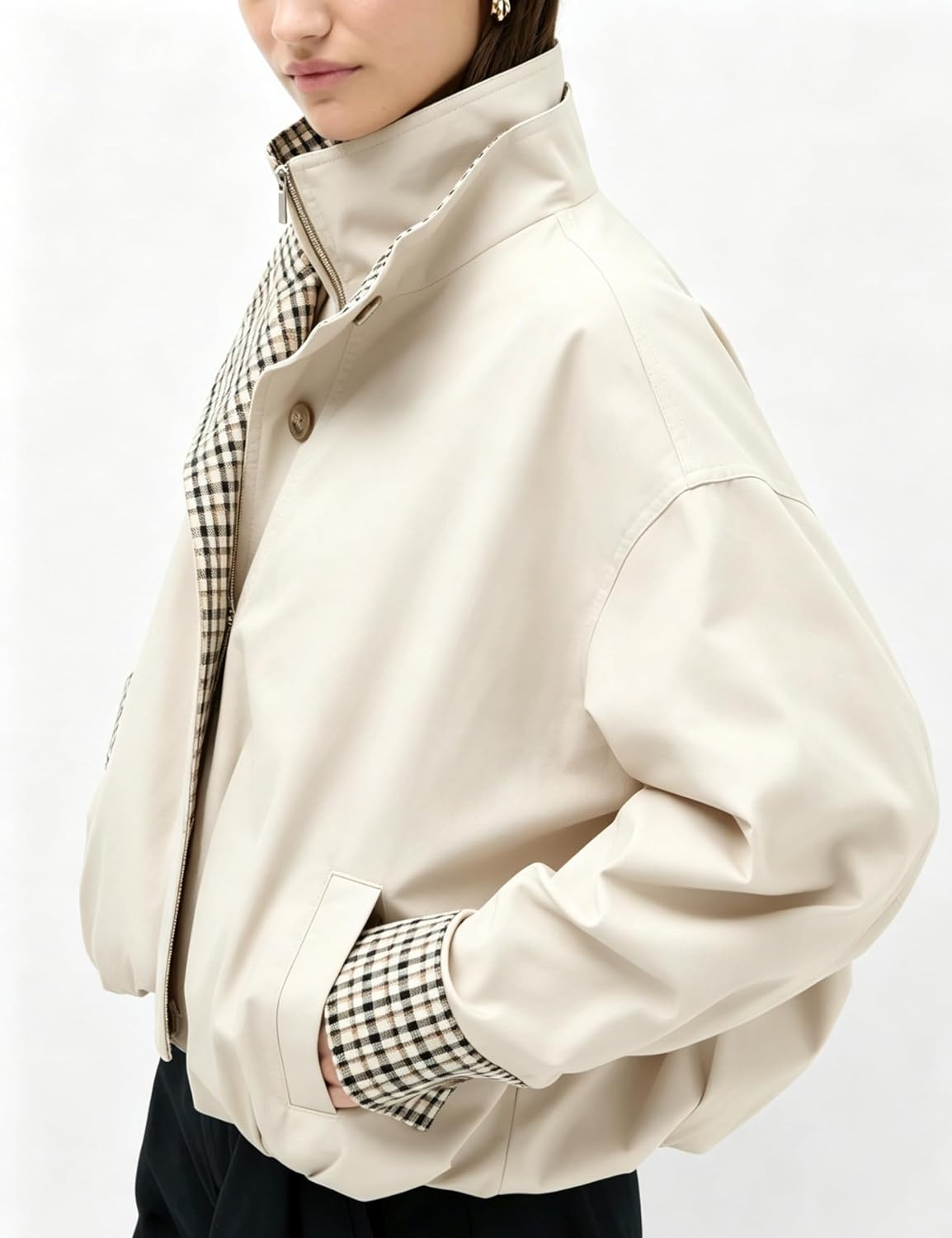 image:imageYeokou Womens Oversized Bomber Jacket Plaid Lined Zip Button CoatBeige
