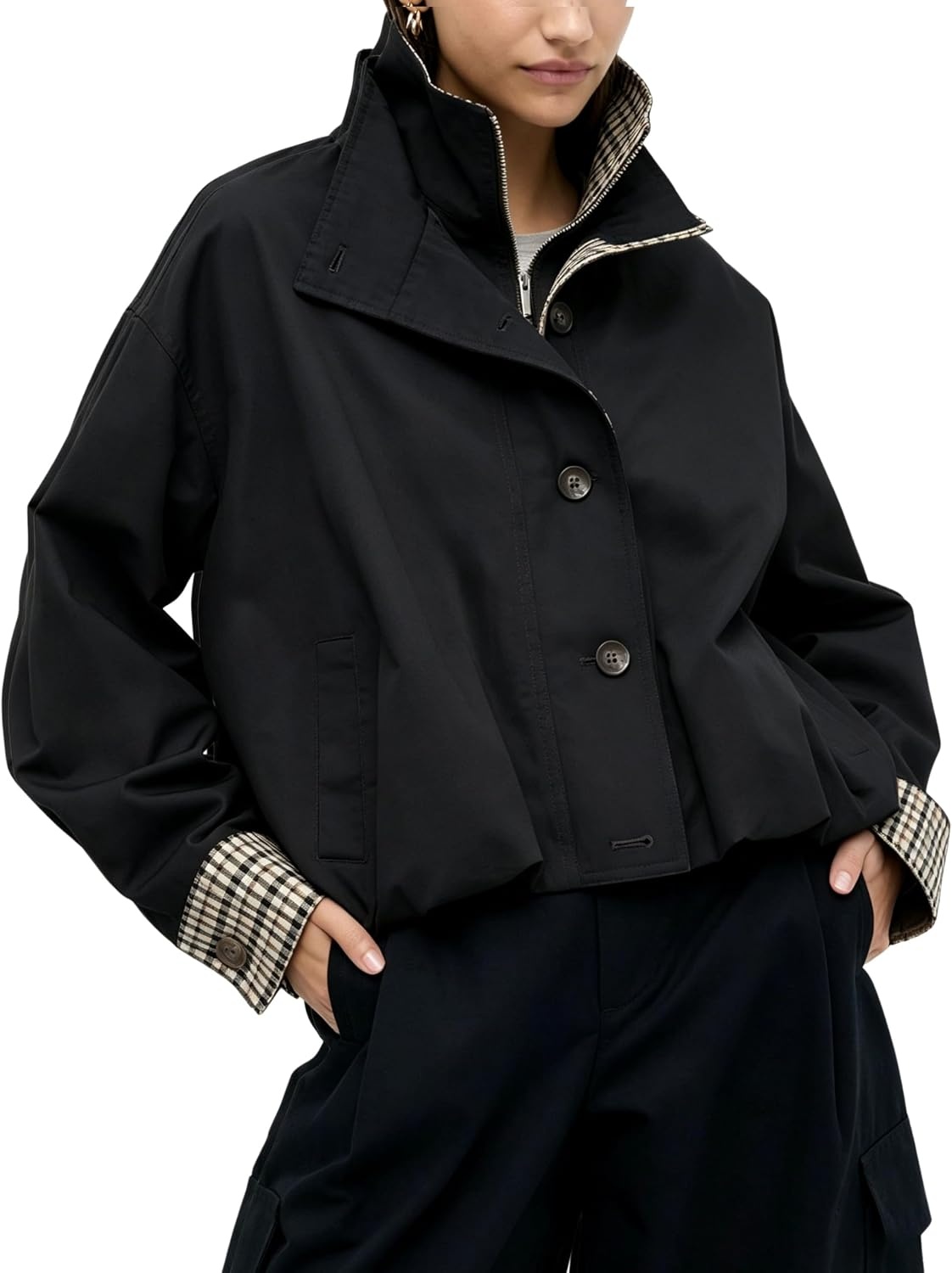 image:imageYeokou Womens Oversized Bomber Jacket Plaid Lined Zip Button CoatBlack