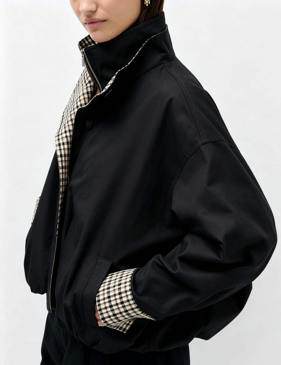 image:imageYeokou Womens Oversized Bomber Jacket Plaid Lined Zip Button CoatBlack
