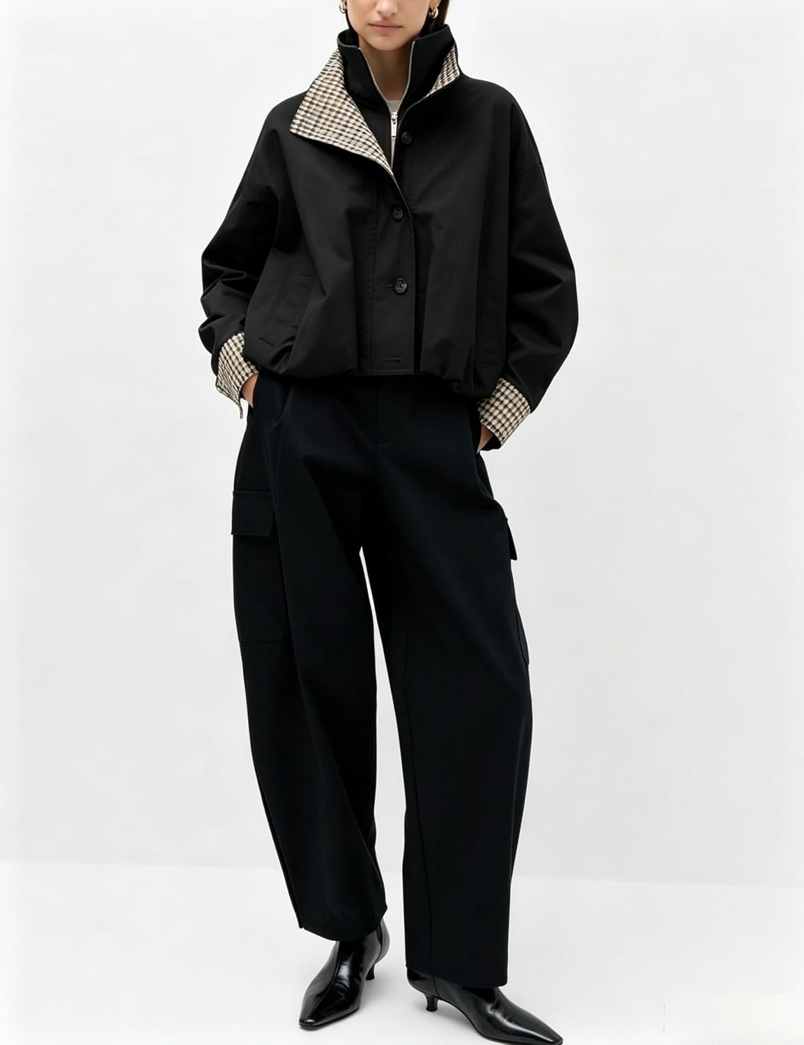 image:imageYeokou Womens Oversized Bomber Jacket Plaid Lined Zip Button CoatBlack