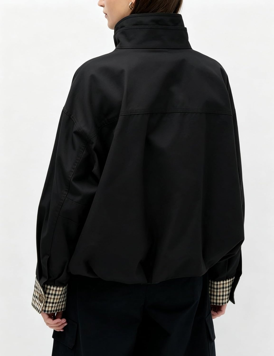image:imageYeokou Womens Oversized Bomber Jacket Plaid Lined Zip Button CoatBlack