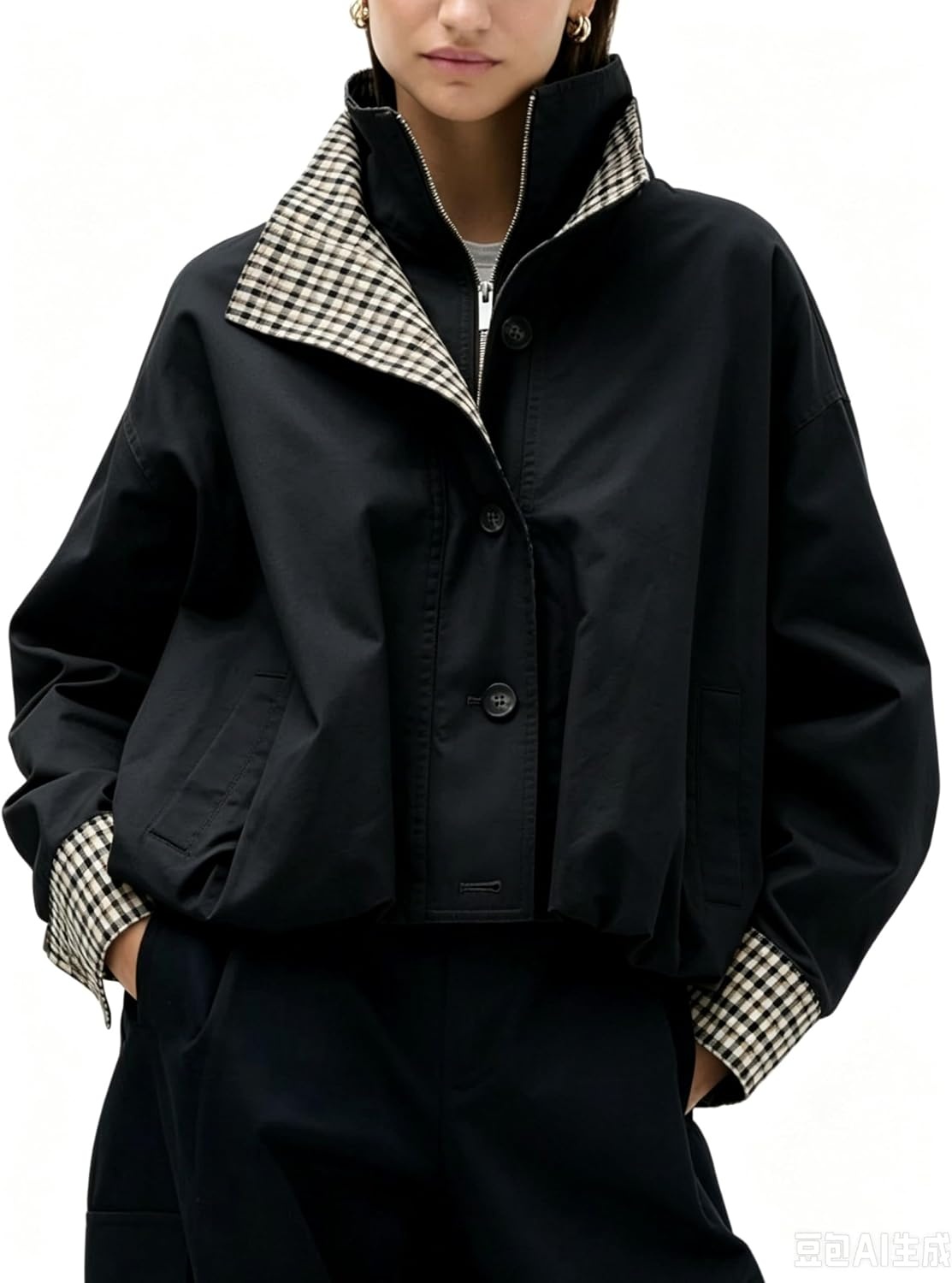 image:imageYeokou Womens Oversized Bomber Jacket Plaid Lined Zip Button CoatBlack