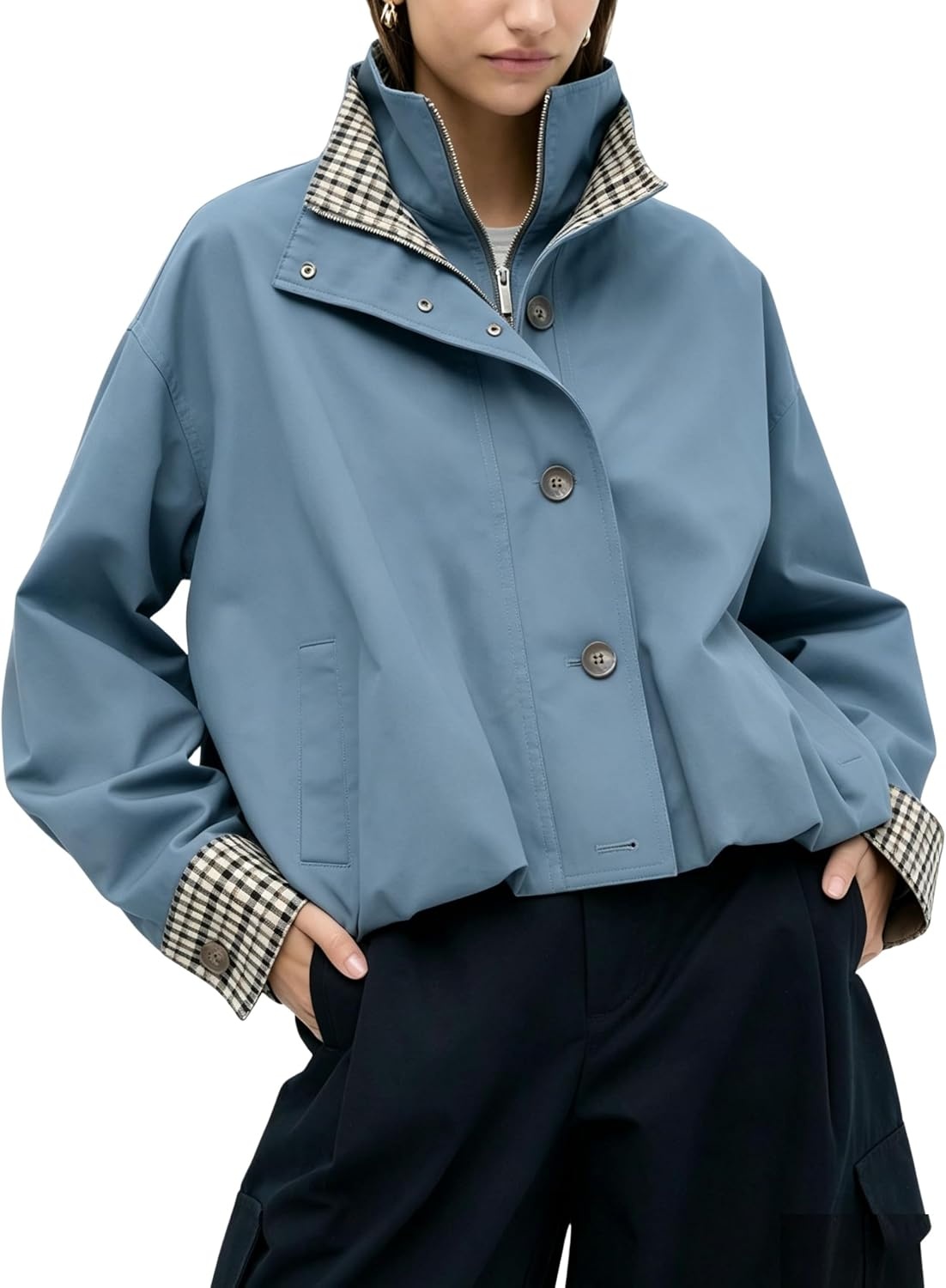 image:imageYeokou Womens Oversized Bomber Jacket Plaid Lined Zip Button CoatBluegrey