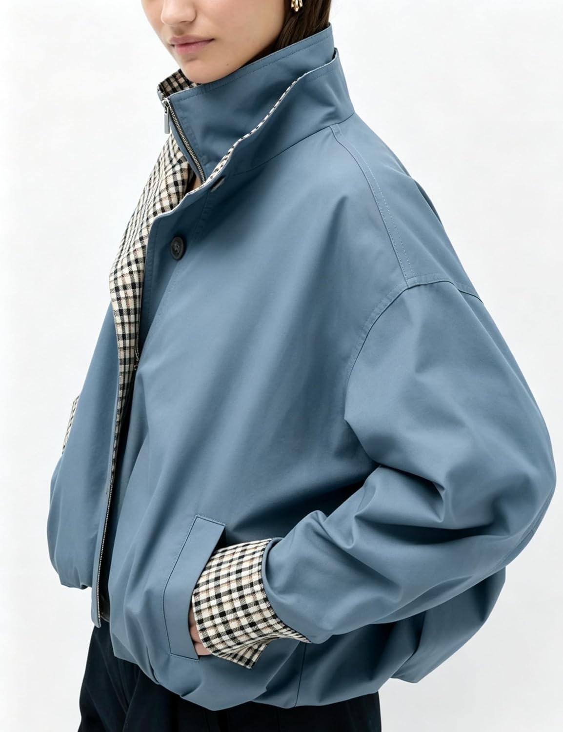 image:imageYeokou Womens Oversized Bomber Jacket Plaid Lined Zip Button CoatBluegrey