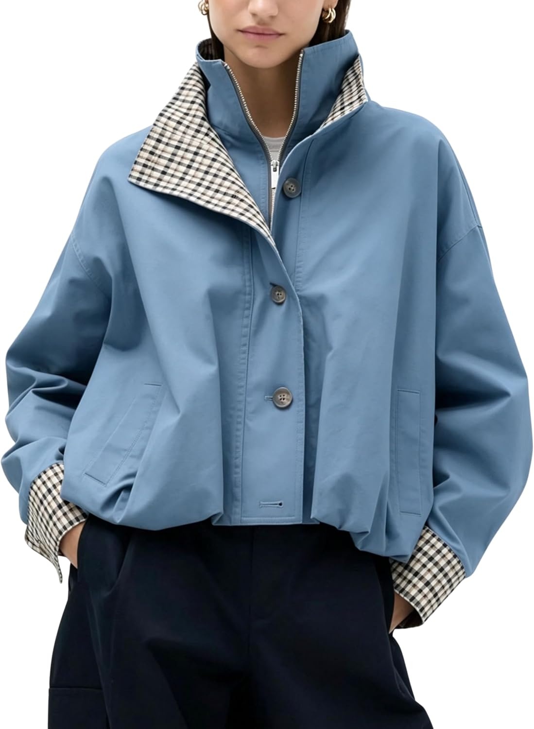 image:imageYeokou Womens Oversized Bomber Jacket Plaid Lined Zip Button CoatBluegrey