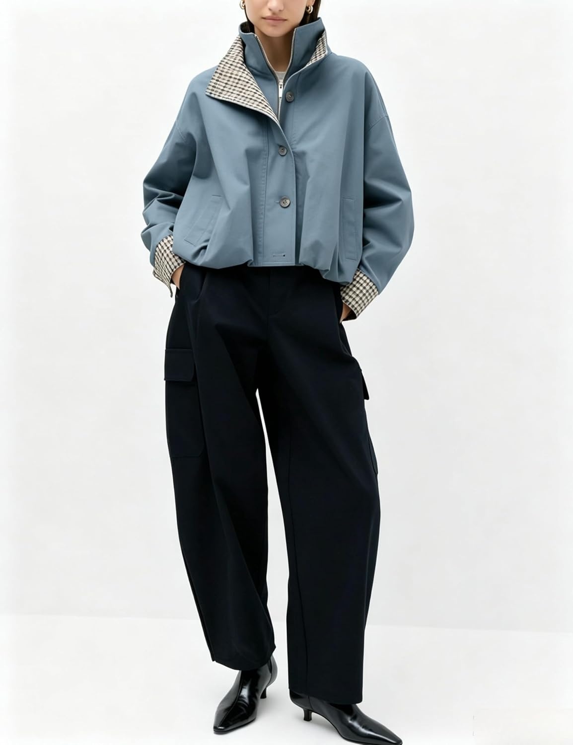image:imageYeokou Womens Oversized Bomber Jacket Plaid Lined Zip Button CoatBluegrey