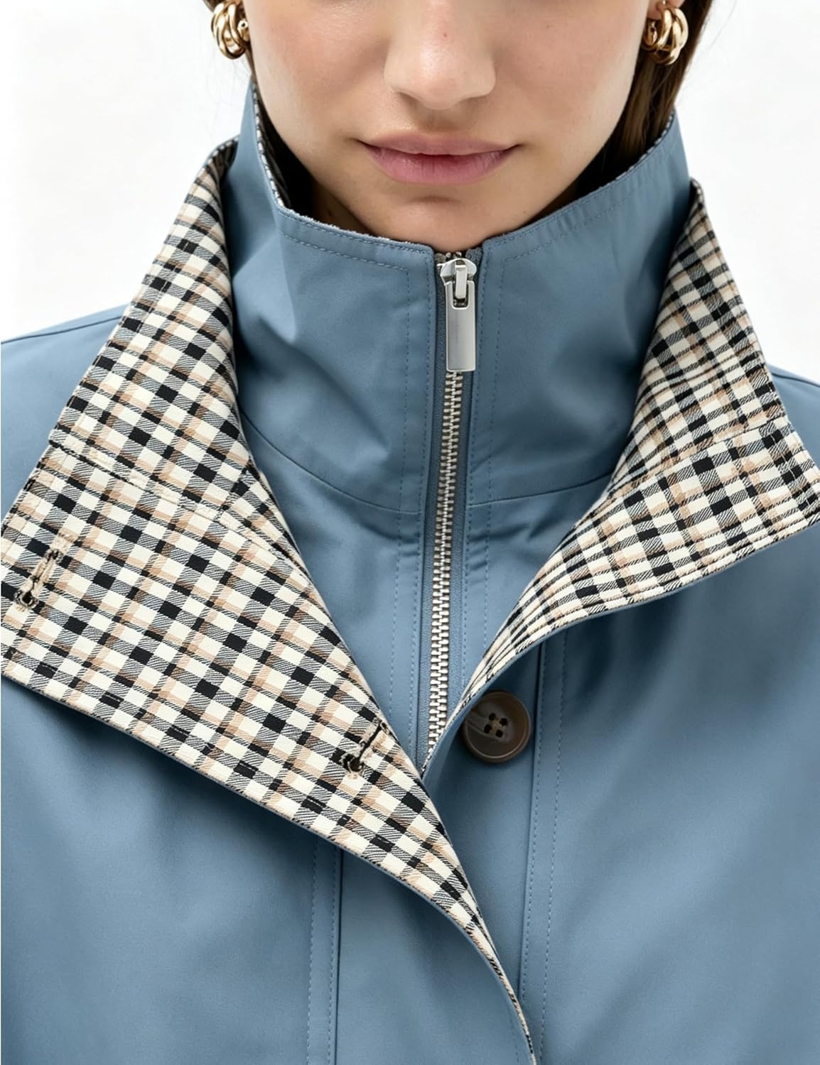 image:imageYeokou Womens Oversized Bomber Jacket Plaid Lined Zip Button CoatBluegrey