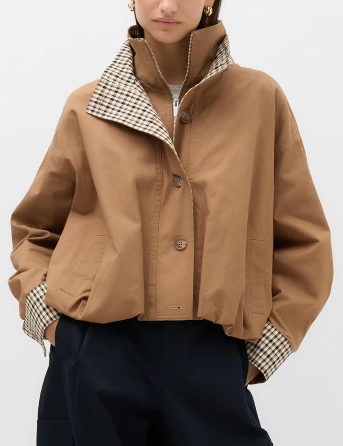 image:imageYeokou Womens Oversized Bomber Jacket Plaid Lined Zip Button CoatCamel