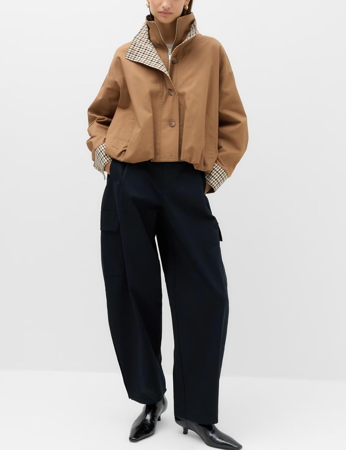 image:imageYeokou Womens Oversized Bomber Jacket Plaid Lined Zip Button CoatCamel