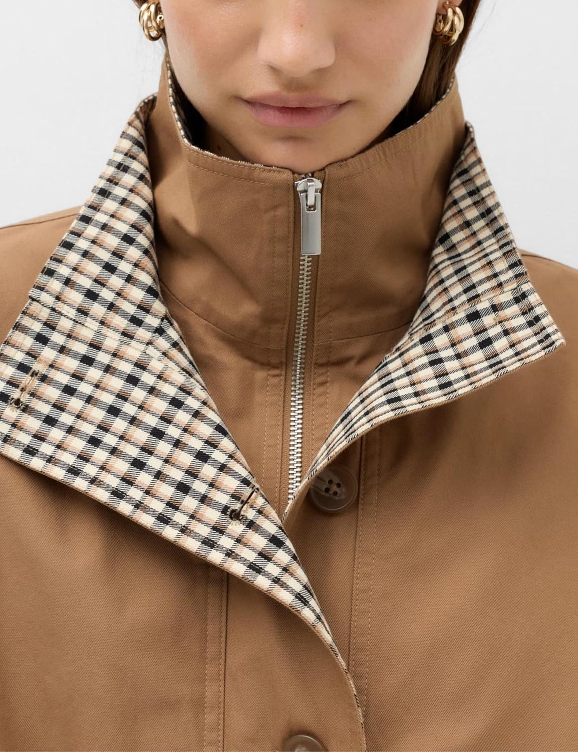 image:imageYeokou Womens Oversized Bomber Jacket Plaid Lined Zip Button CoatCamel