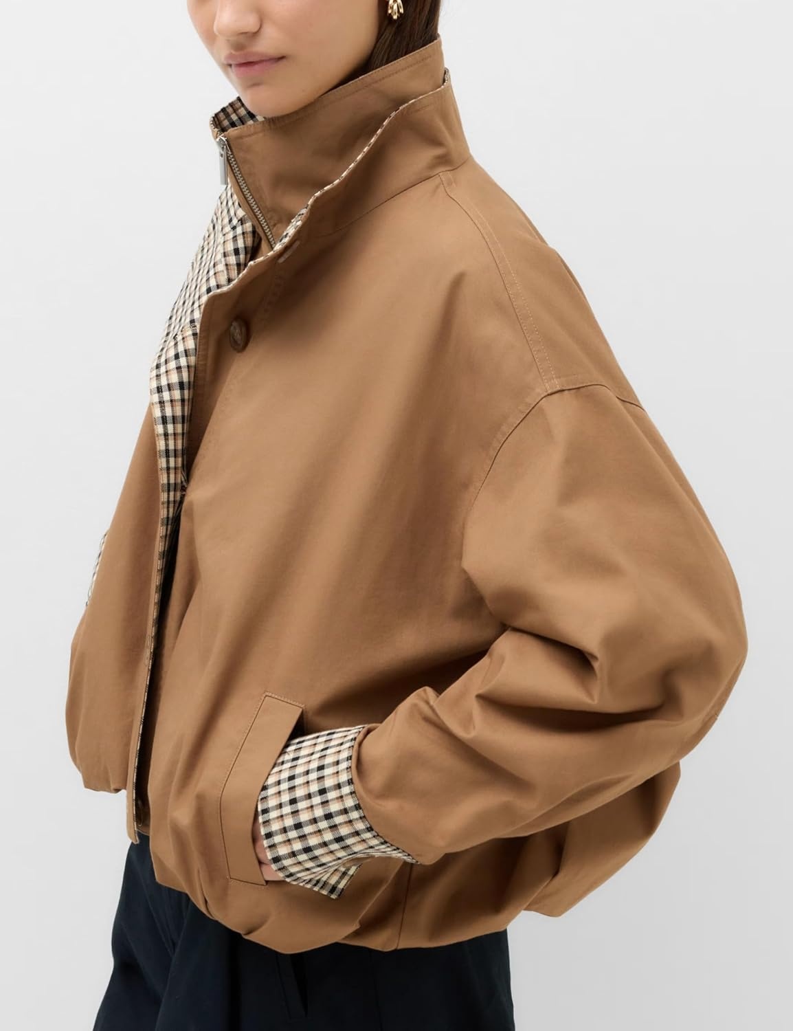 image:imageYeokou Womens Oversized Bomber Jacket Plaid Lined Zip Button CoatCamel