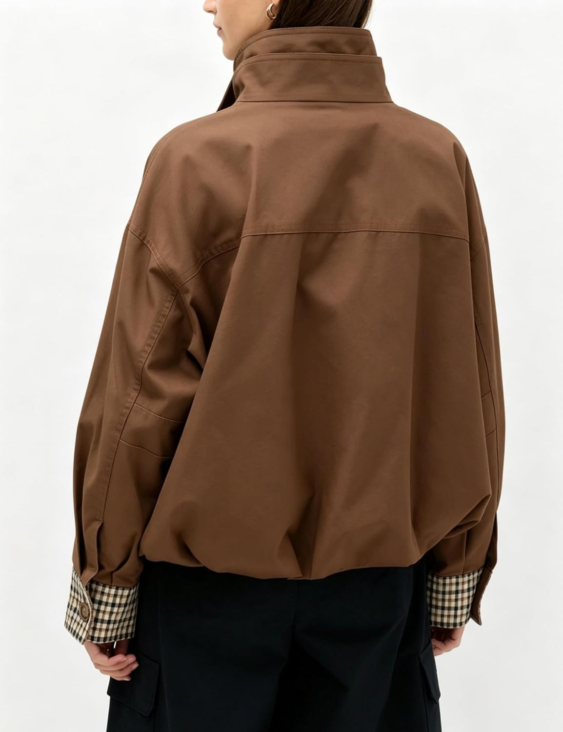 image:imageYeokou Womens Oversized Bomber Jacket Plaid Lined Zip Button CoatCoffee