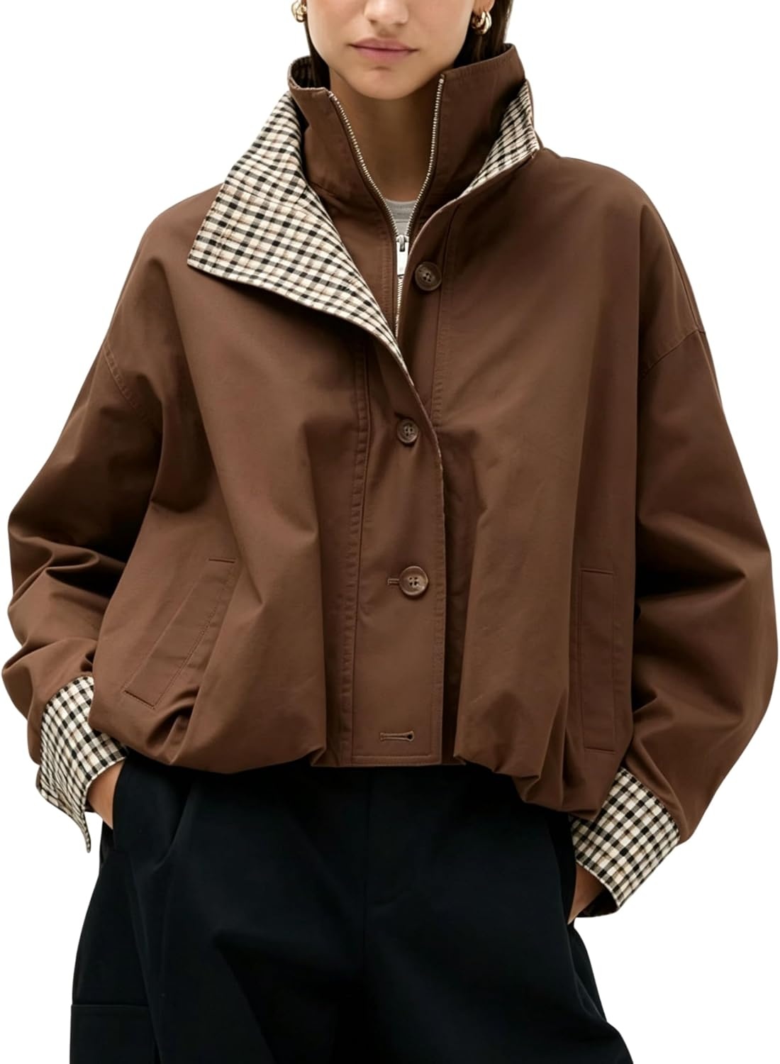 image:imageYeokou Womens Oversized Bomber Jacket Plaid Lined Zip Button CoatCoffee
