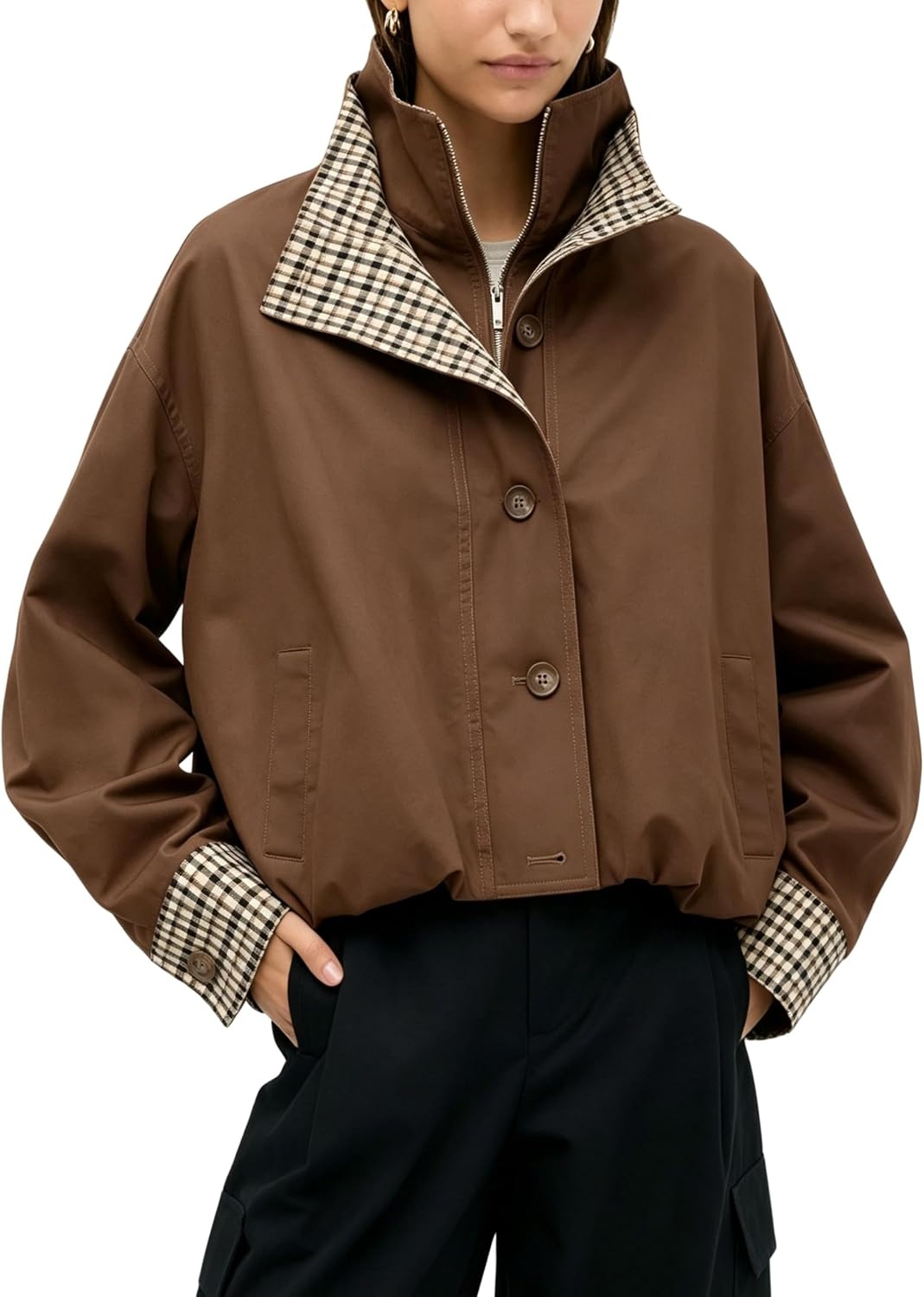 image:imageYeokou Womens Oversized Bomber Jacket Plaid Lined Zip Button CoatCoffee