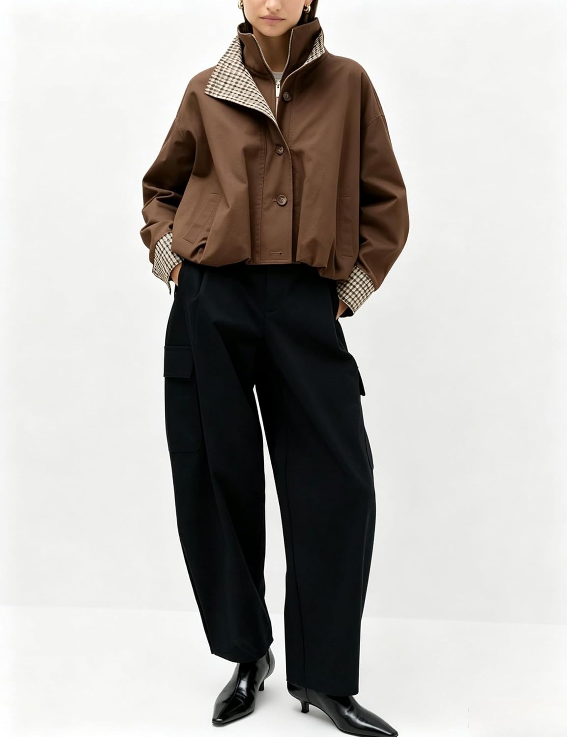 image:imageYeokou Womens Oversized Bomber Jacket Plaid Lined Zip Button CoatCoffee