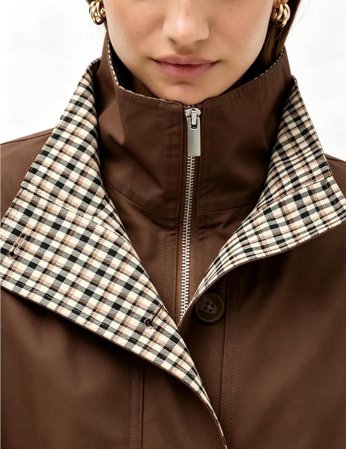 image:imageYeokou Womens Oversized Bomber Jacket Plaid Lined Zip Button CoatCoffee