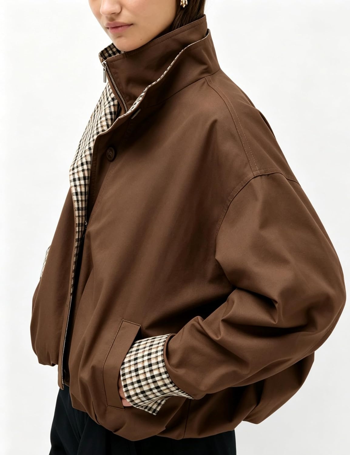 image:imageYeokou Womens Oversized Bomber Jacket Plaid Lined Zip Button CoatCoffee