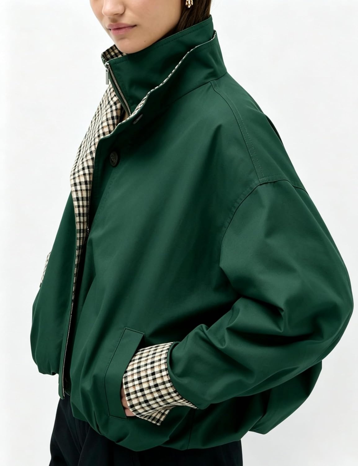 image:imageYeokou Womens Oversized Bomber Jacket Plaid Lined Zip Button CoatDarkgreen