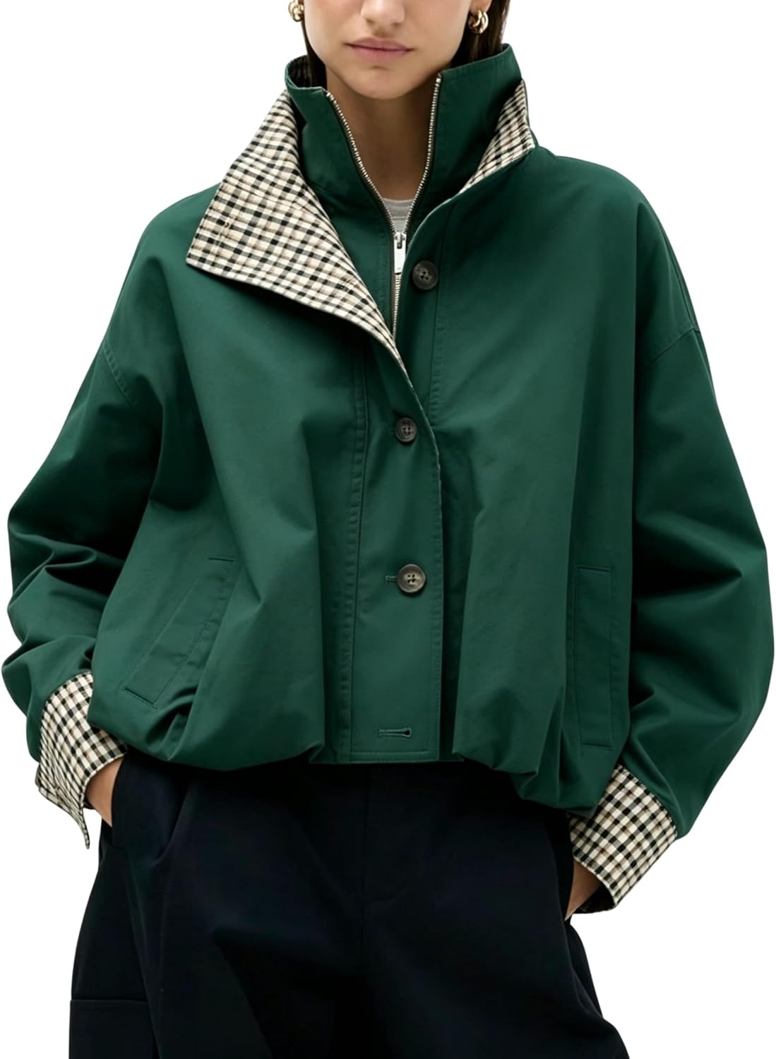 image:imageYeokou Womens Oversized Bomber Jacket Plaid Lined Zip Button CoatDarkgreen