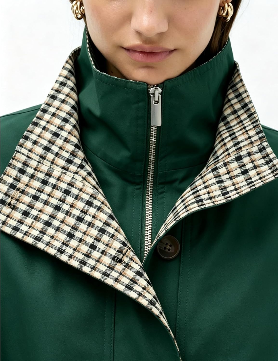 image:imageYeokou Womens Oversized Bomber Jacket Plaid Lined Zip Button CoatDarkgreen