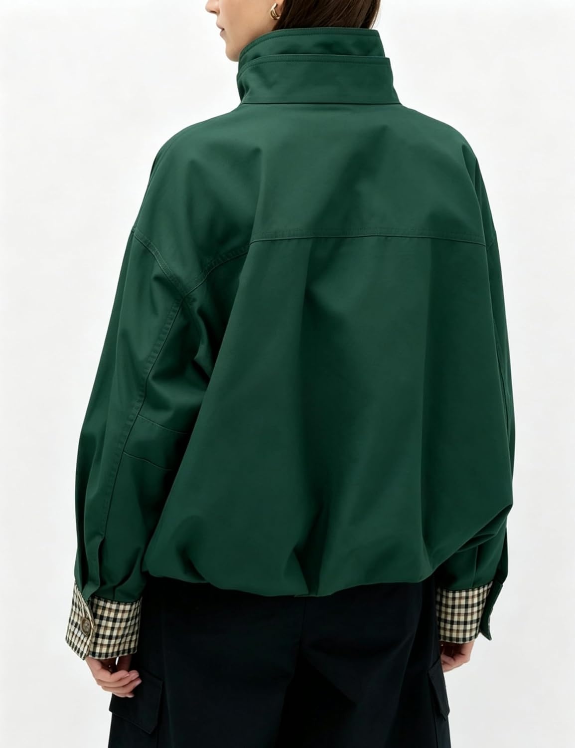 image:imageYeokou Womens Oversized Bomber Jacket Plaid Lined Zip Button CoatDarkgreen