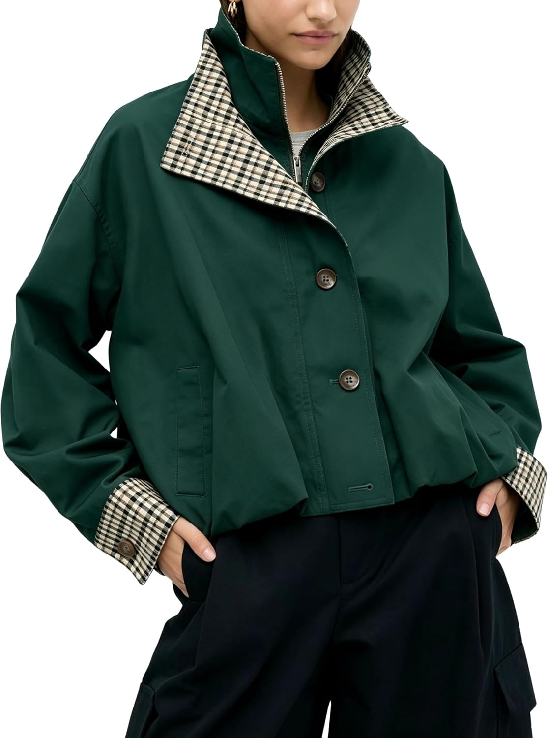 image:imageYeokou Womens Oversized Bomber Jacket Plaid Lined Zip Button CoatDarkgreen
