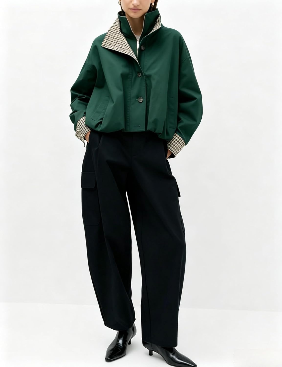 image:imageYeokou Womens Oversized Bomber Jacket Plaid Lined Zip Button CoatDarkgreen