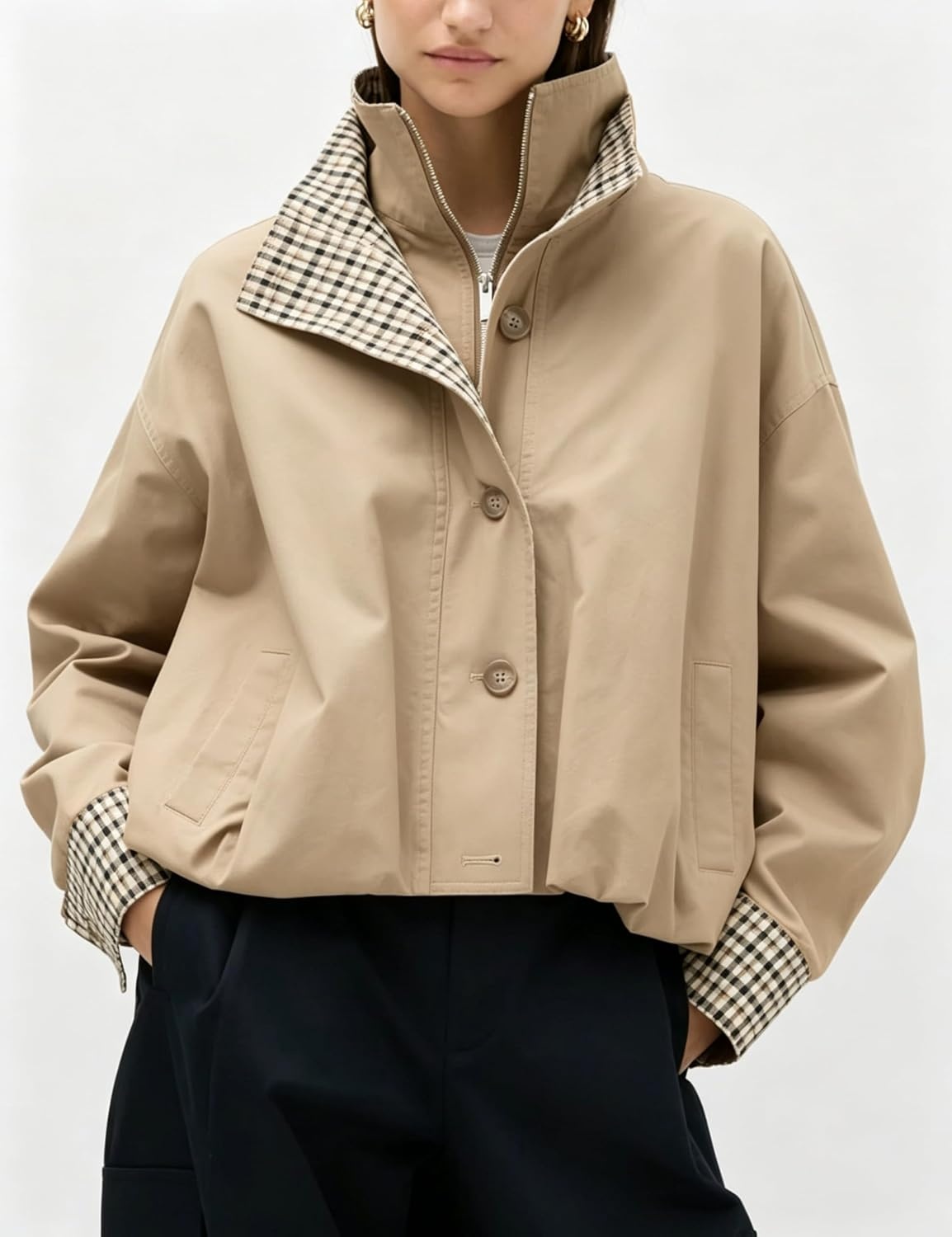 image:imageYeokou Womens Oversized Bomber Jacket Plaid Lined Zip Button CoatKhaki