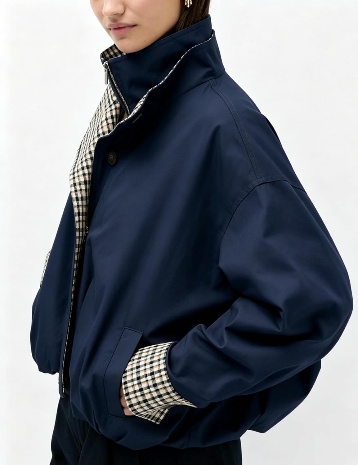 image:imageYeokou Womens Oversized Bomber Jacket Plaid Lined Zip Button CoatNavy