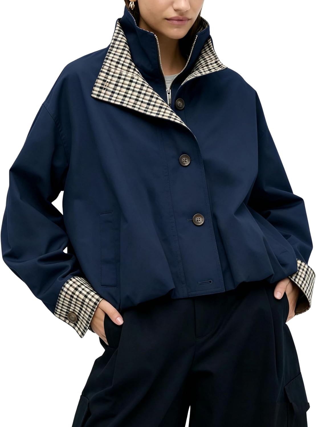 image:imageYeokou Womens Oversized Bomber Jacket Plaid Lined Zip Button CoatNavy