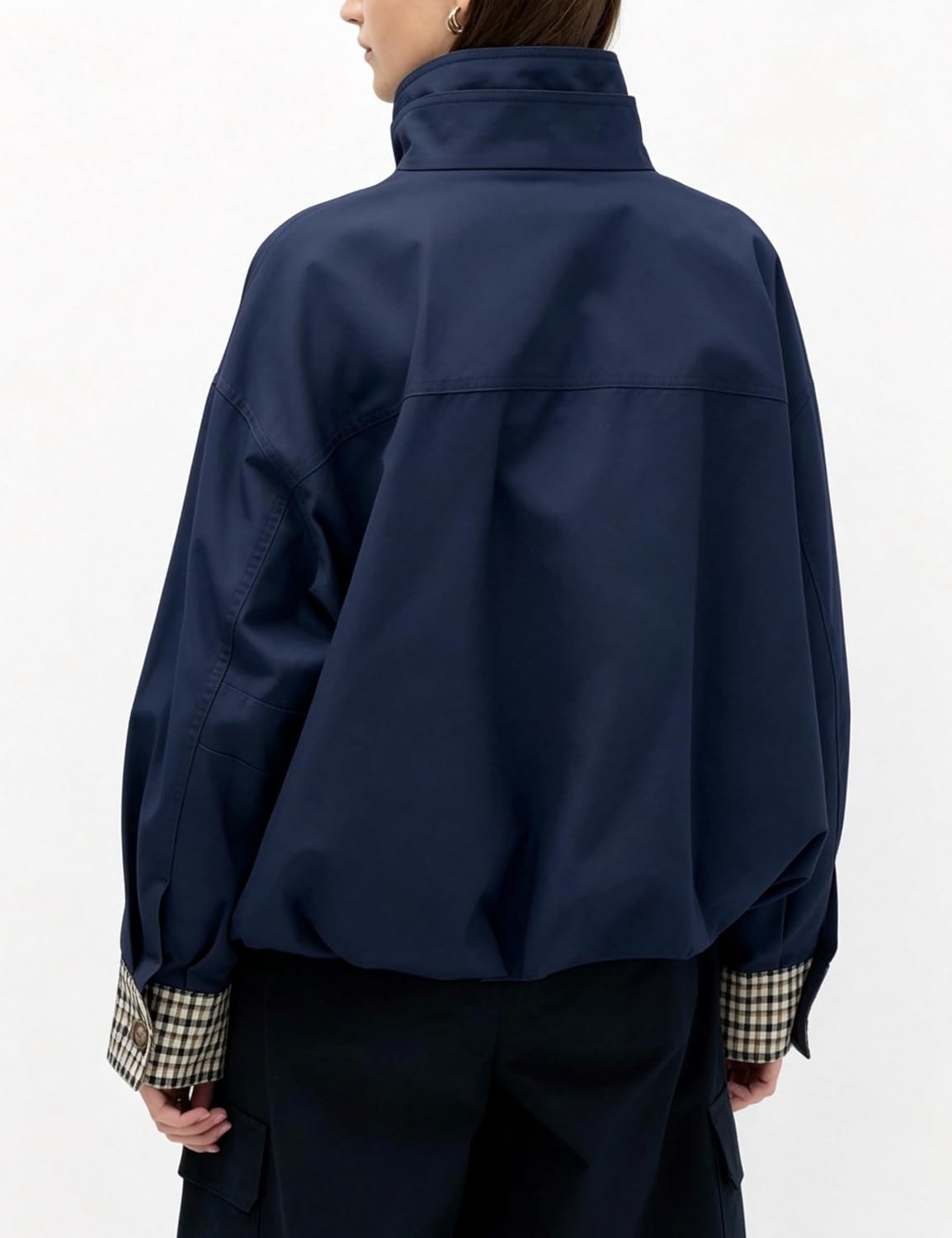 image:imageYeokou Womens Oversized Bomber Jacket Plaid Lined Zip Button CoatNavy