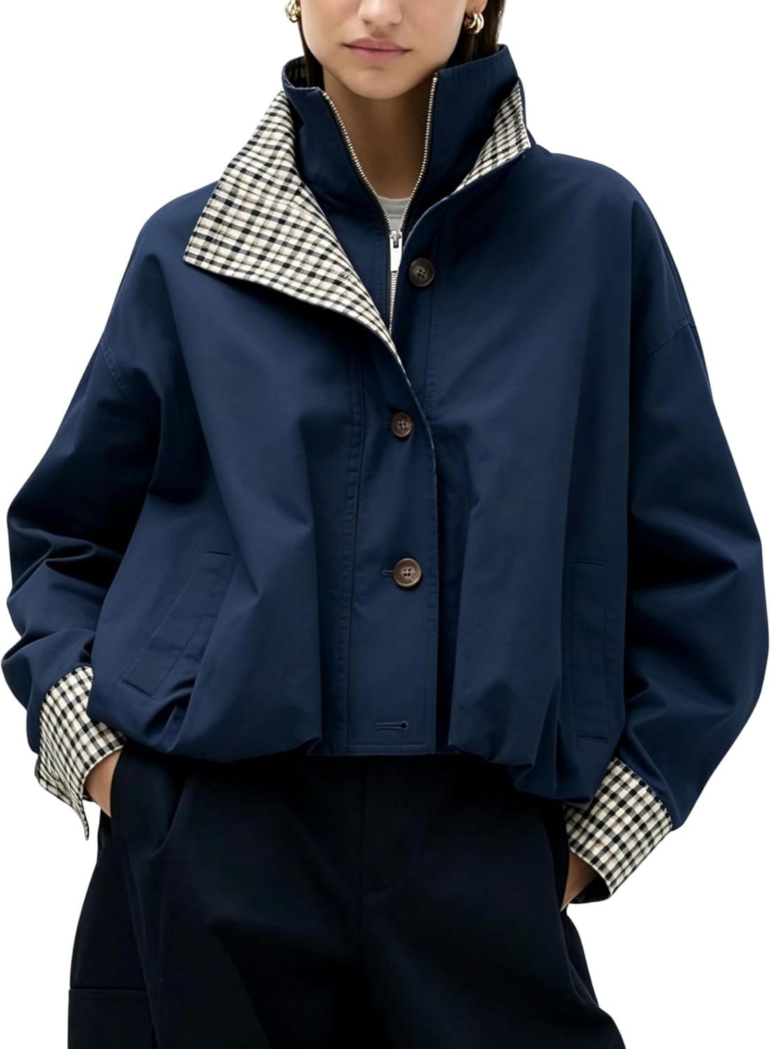 image:imageYeokou Womens Oversized Bomber Jacket Plaid Lined Zip Button CoatNavy