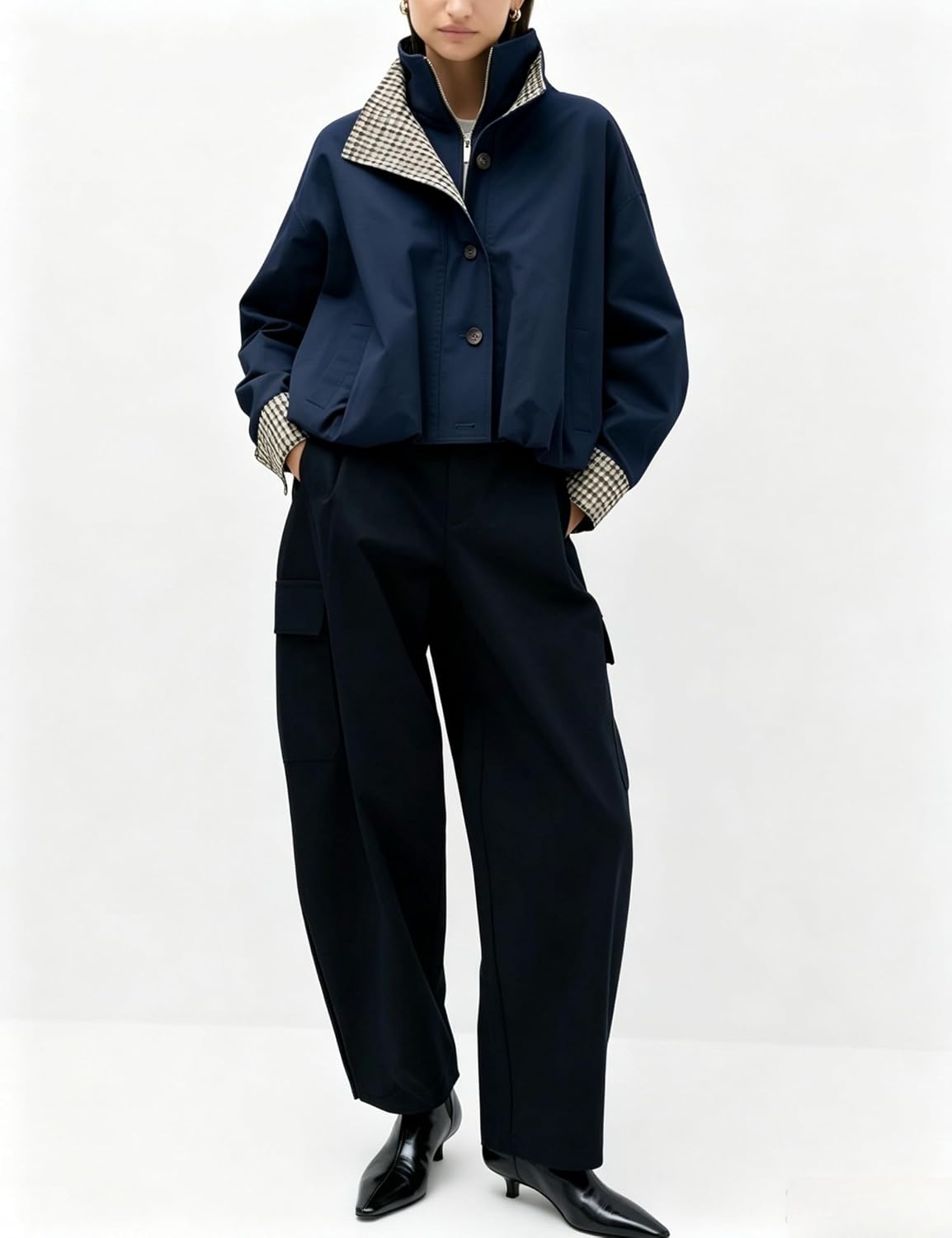 image:imageYeokou Womens Oversized Bomber Jacket Plaid Lined Zip Button CoatNavy
