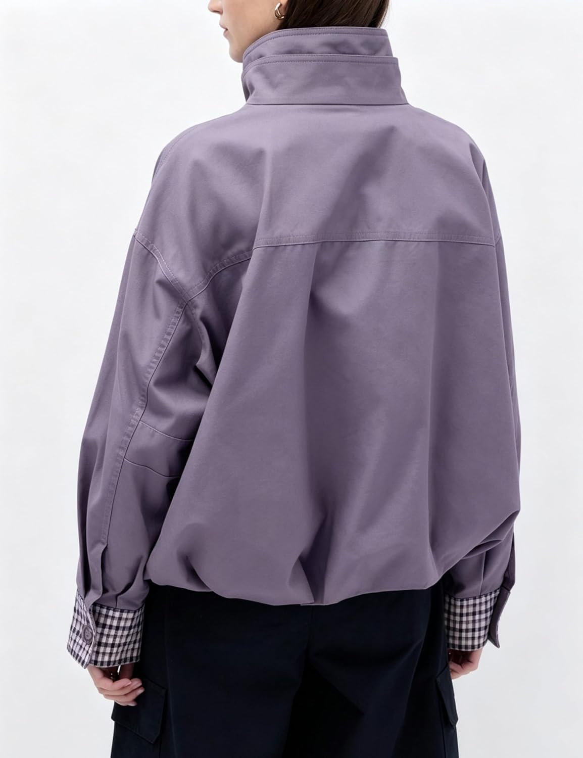 image:imageYeokou Womens Oversized Bomber Jacket Plaid Lined Zip Button CoatPurple