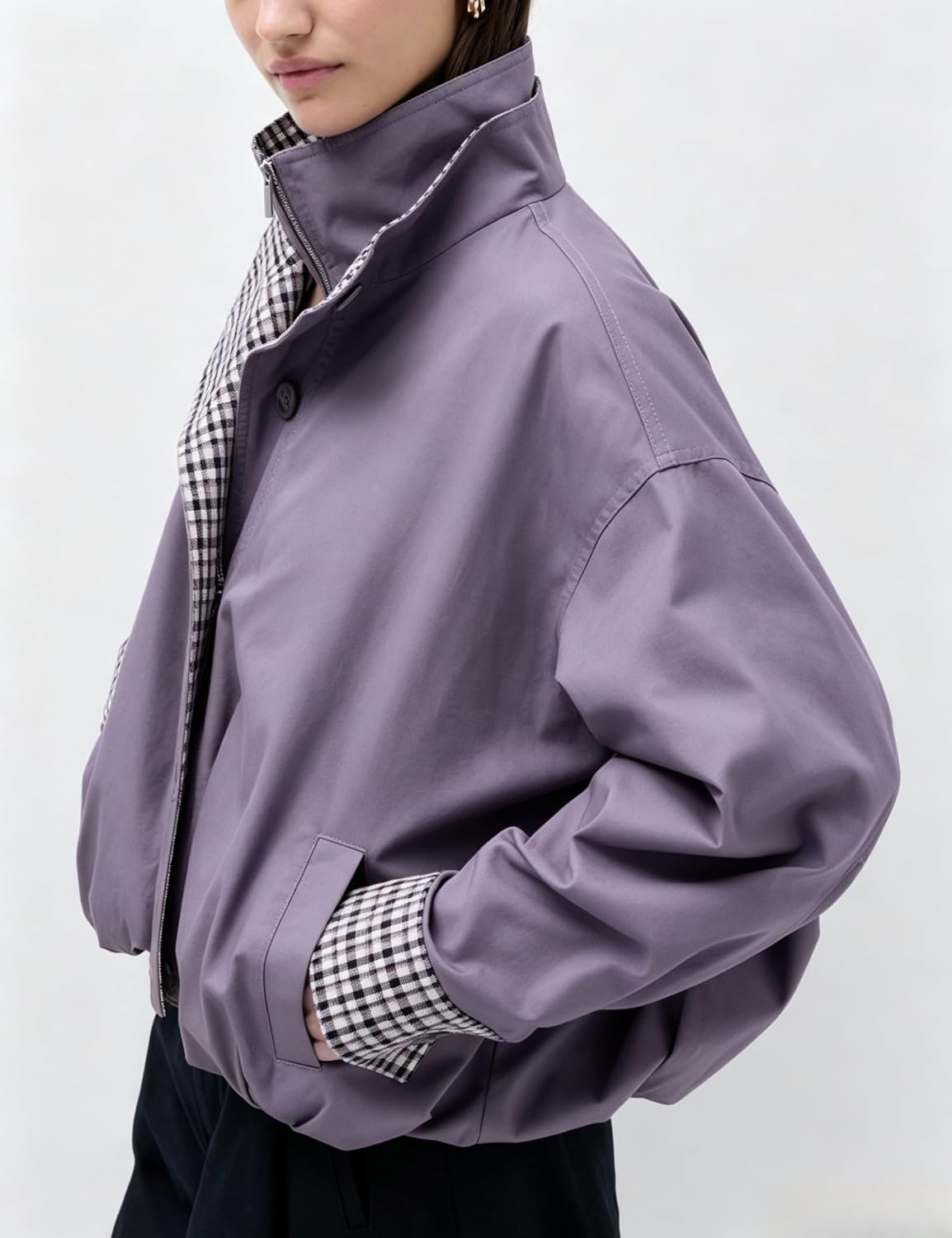 image:imageYeokou Womens Oversized Bomber Jacket Plaid Lined Zip Button CoatPurple
