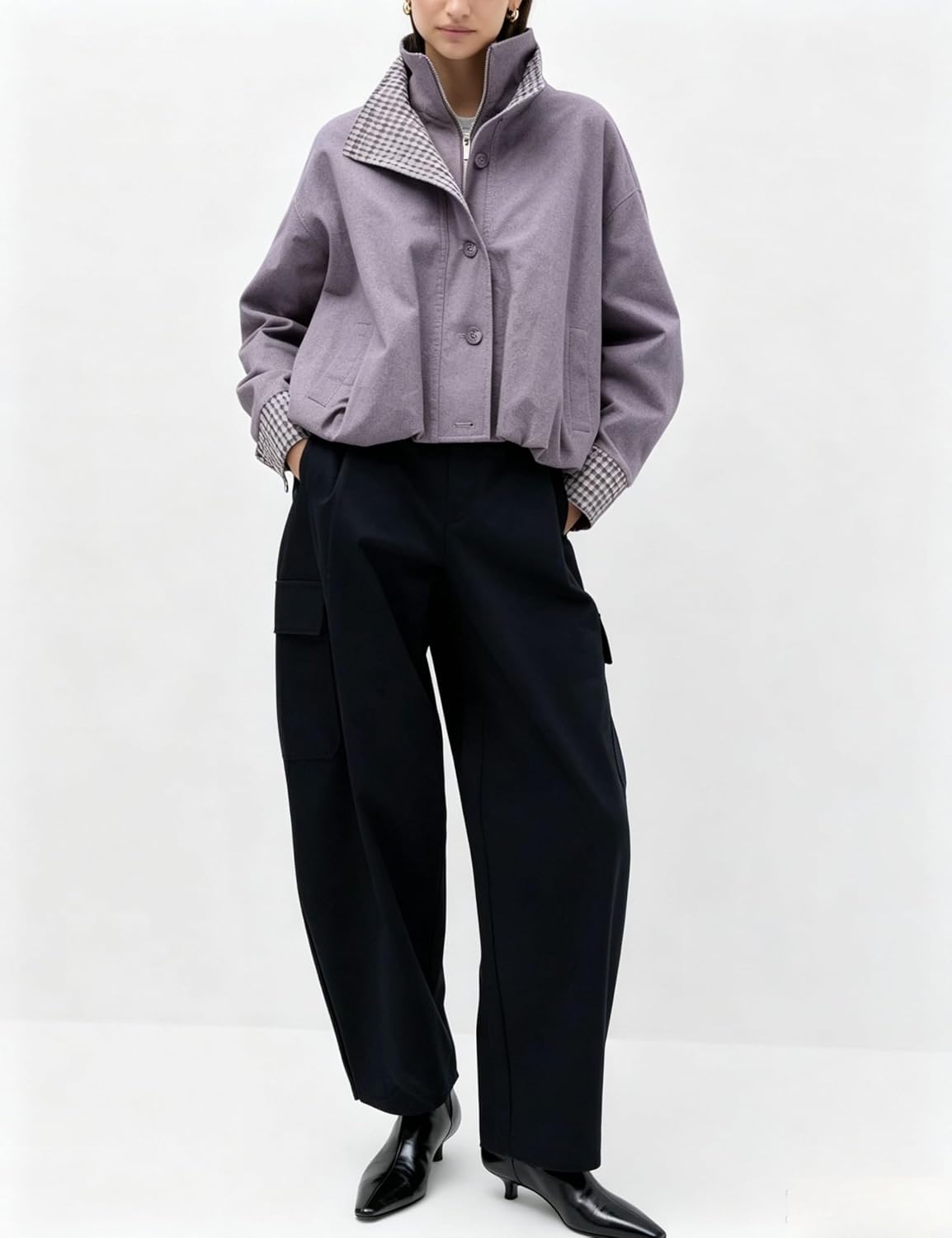 image:imageYeokou Womens Oversized Bomber Jacket Plaid Lined Zip Button CoatPurple