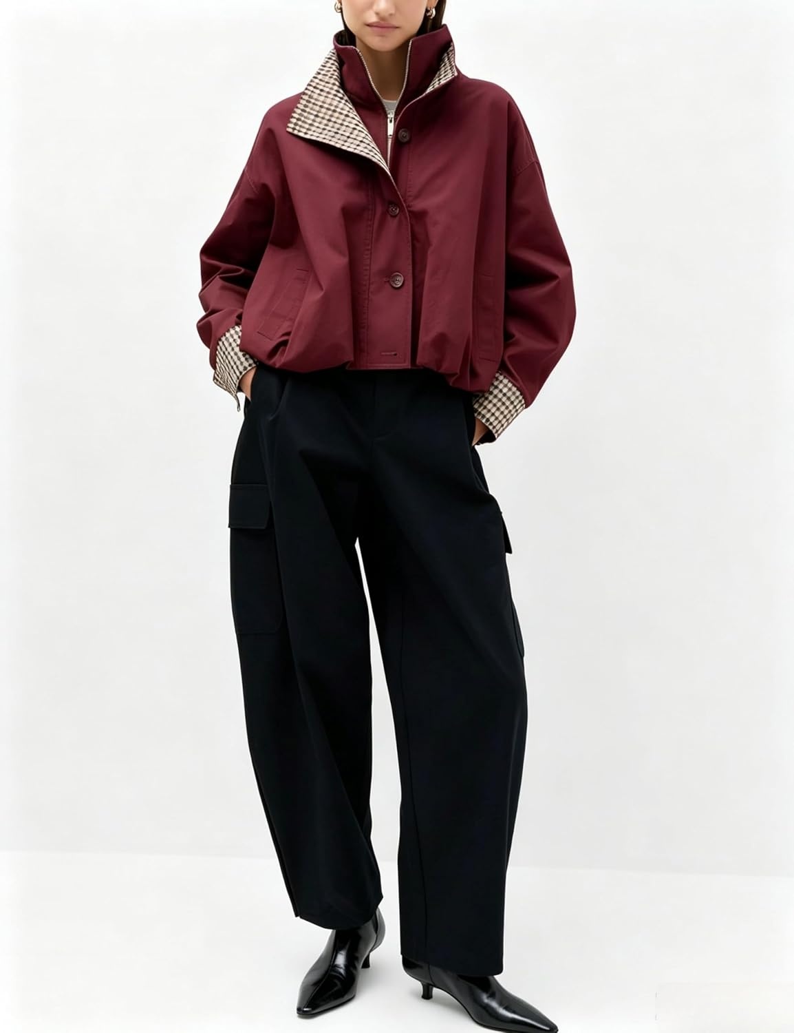 image:imageYeokou Womens Oversized Bomber Jacket Plaid Lined Zip Button CoatWine