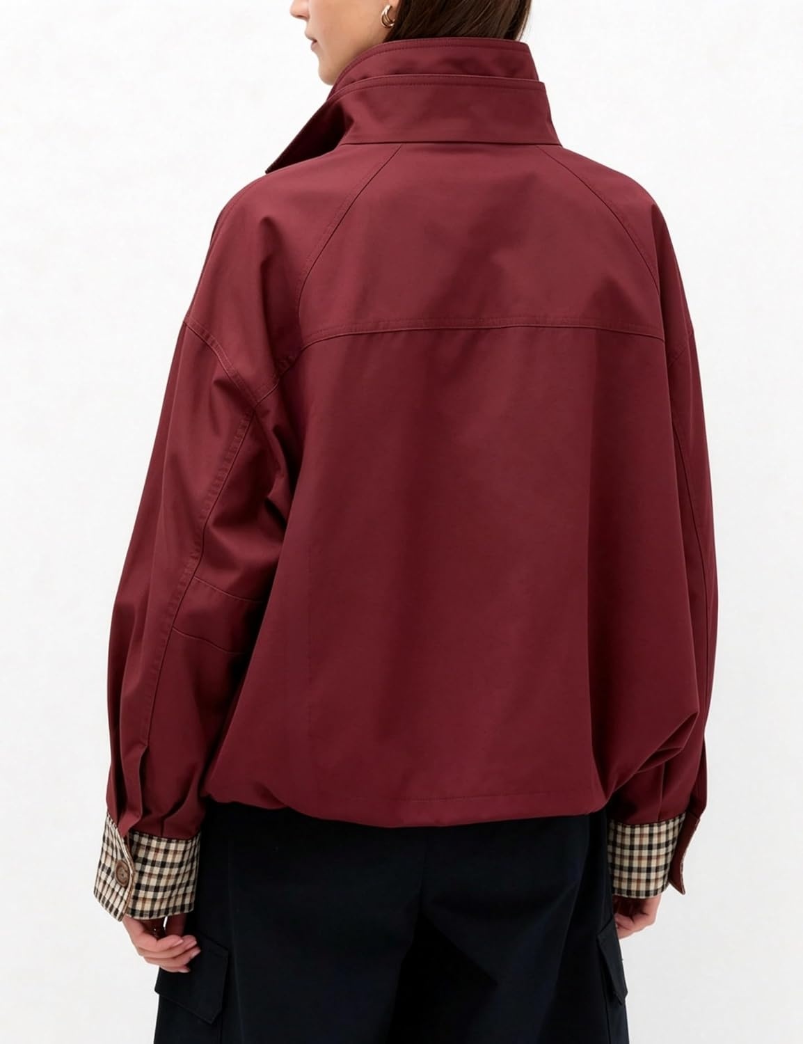 image:imageYeokou Womens Oversized Bomber Jacket Plaid Lined Zip Button CoatWine