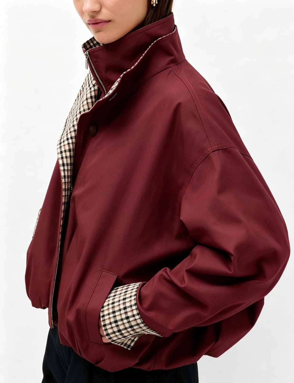 image:imageYeokou Womens Oversized Bomber Jacket Plaid Lined Zip Button CoatWine