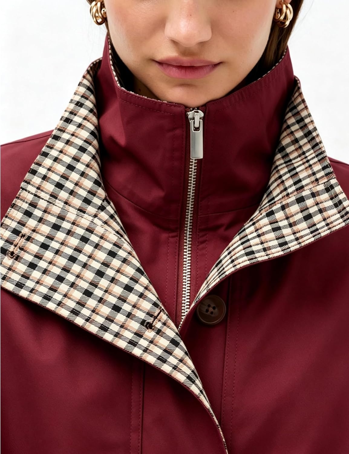 image:imageYeokou Womens Oversized Bomber Jacket Plaid Lined Zip Button CoatWine