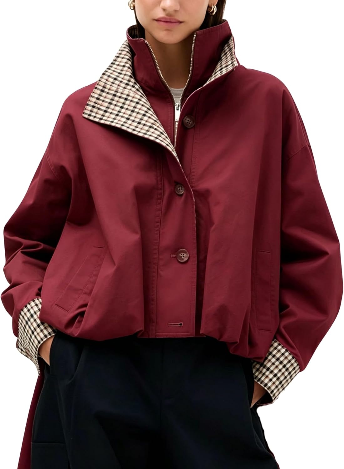 image:imageYeokou Womens Oversized Bomber Jacket Plaid Lined Zip Button CoatWine