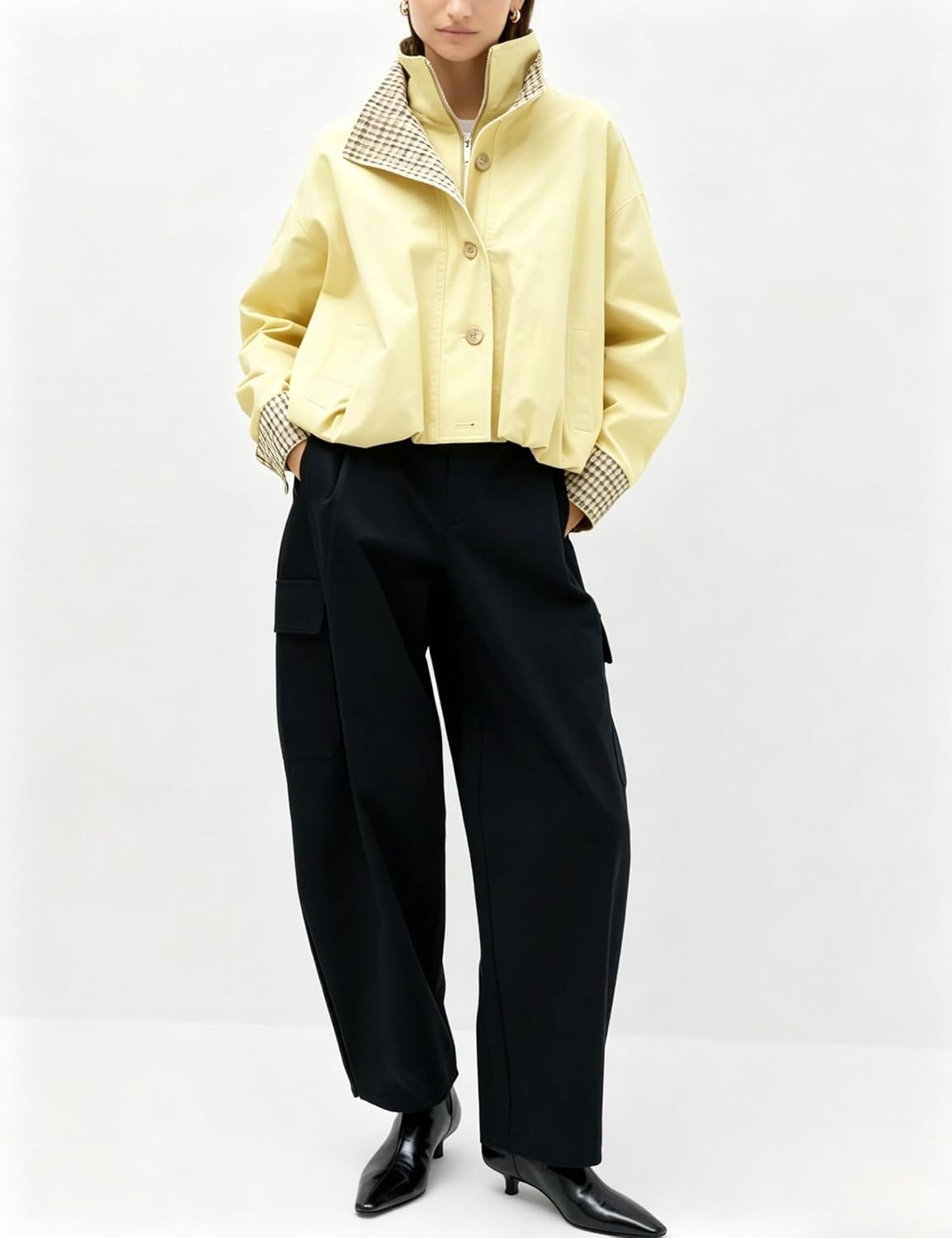 image:imageYeokou Womens Oversized Bomber Jacket Plaid Lined Zip Button CoatYellow