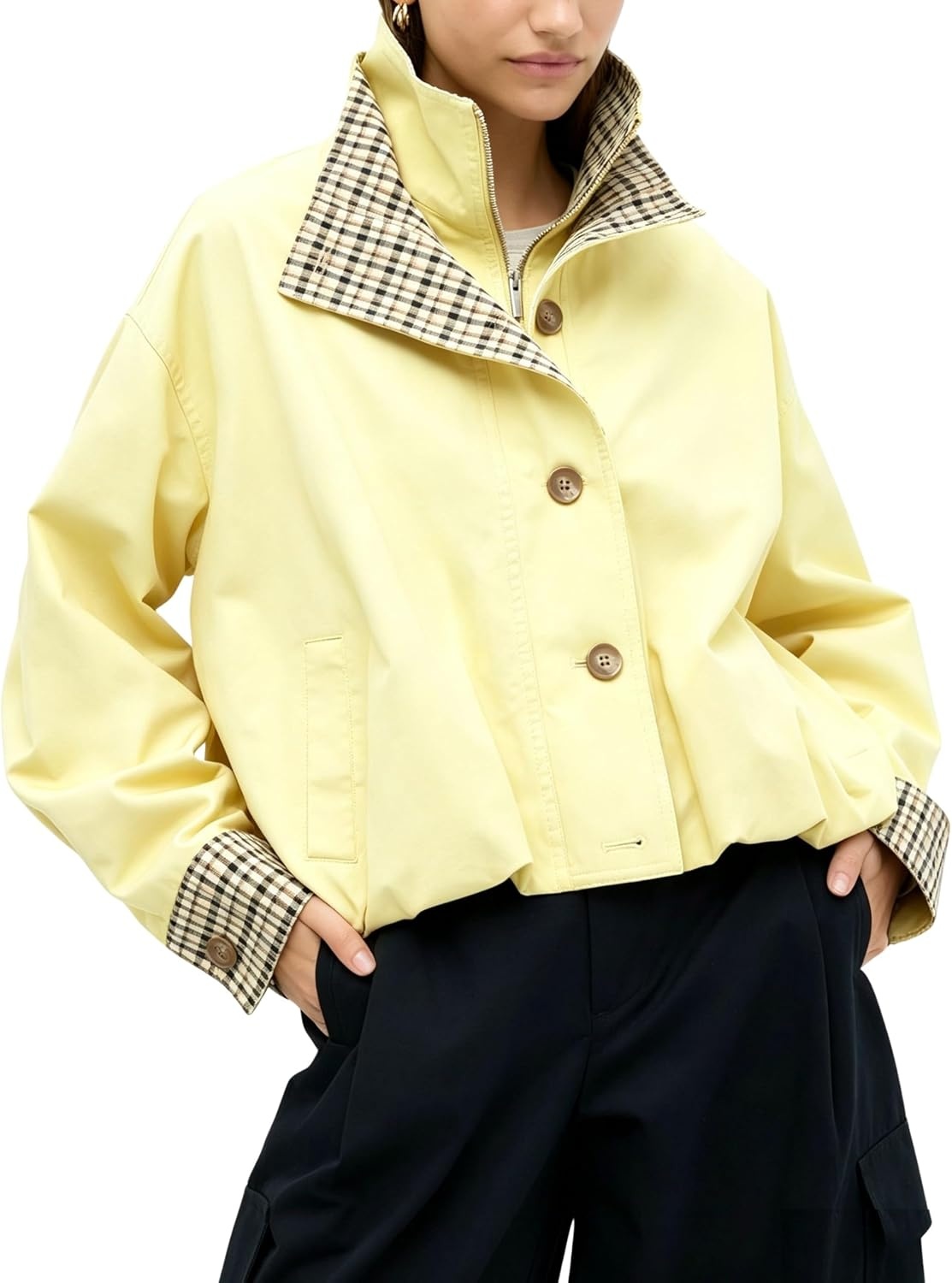 image:imageYeokou Womens Oversized Bomber Jacket Plaid Lined Zip Button CoatYellow