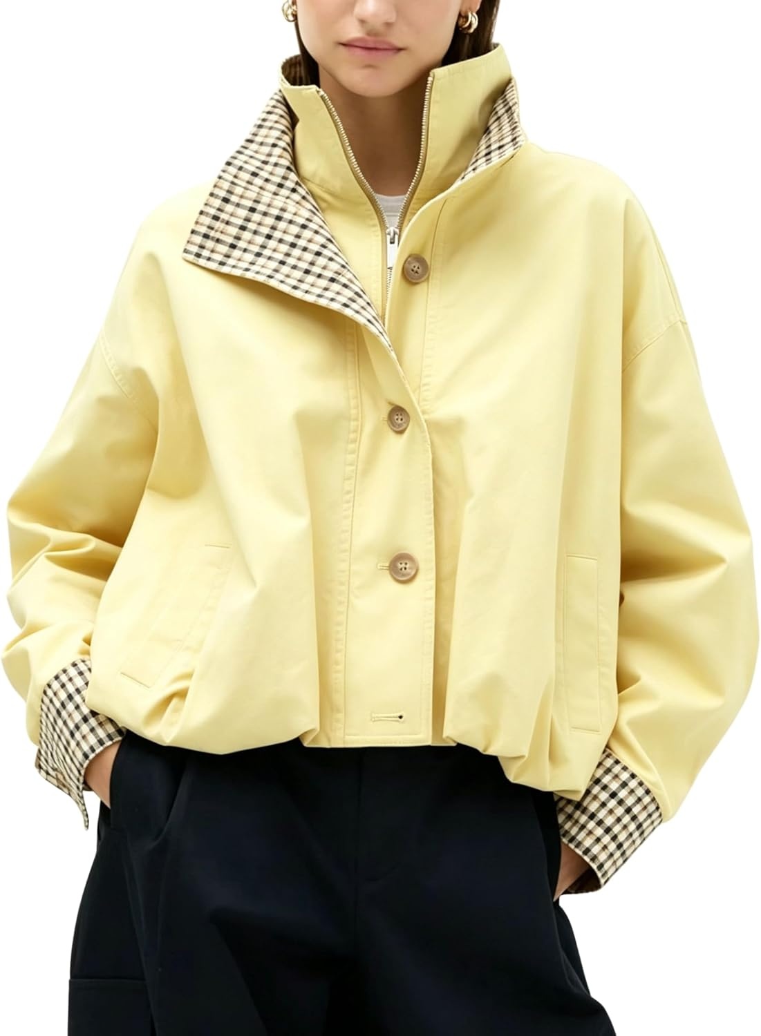 image:imageYeokou Womens Oversized Bomber Jacket Plaid Lined Zip Button CoatYellow