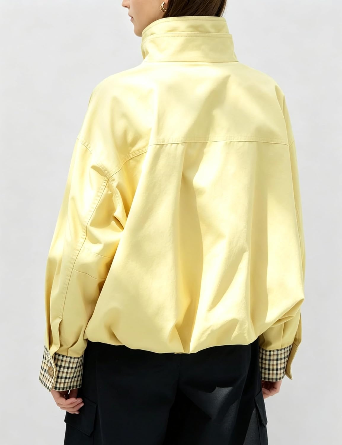 image:imageYeokou Womens Oversized Bomber Jacket Plaid Lined Zip Button CoatYellow