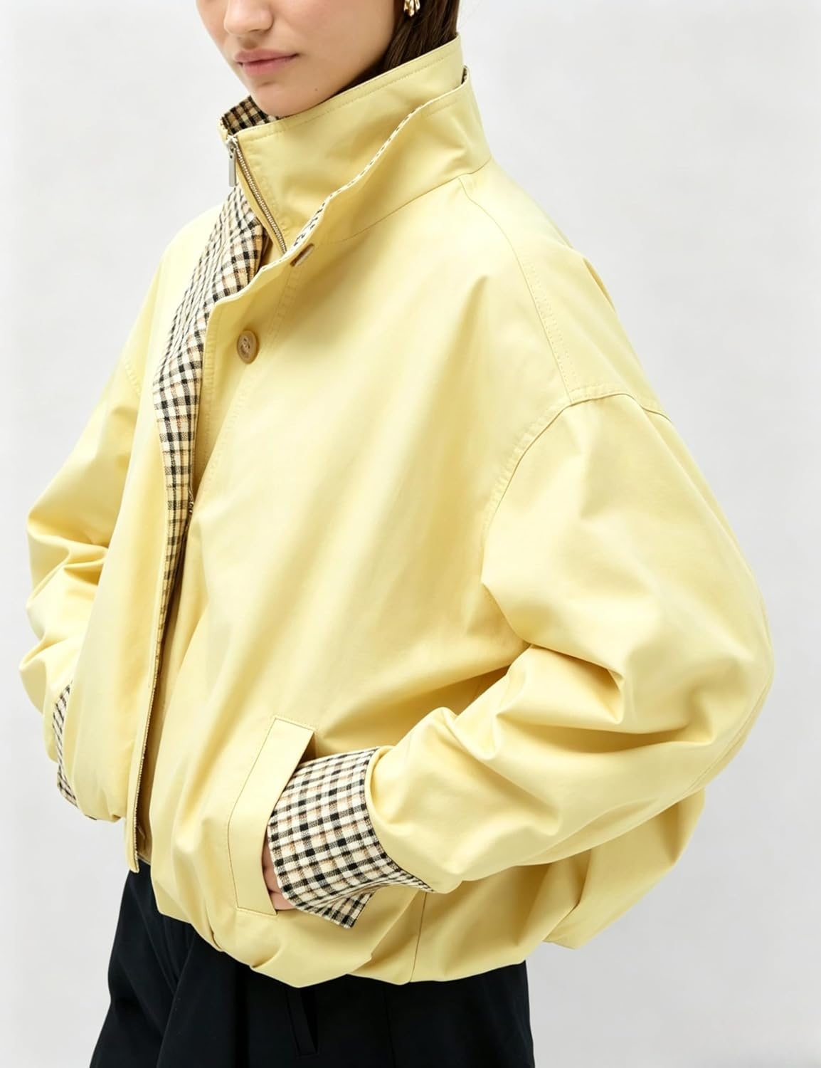 image:imageYeokou Womens Oversized Bomber Jacket Plaid Lined Zip Button CoatYellow