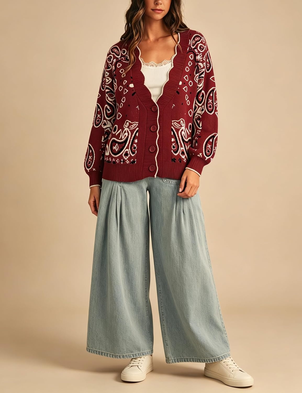image:imageYeokou Womens Paisley Sweater Scalloped Trim Button Knit Cardigan JacketBurgundy