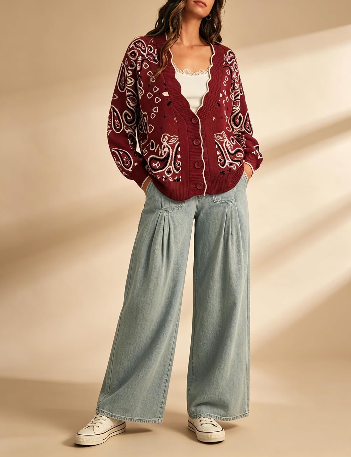 image:imageYeokou Womens Paisley Sweater Scalloped Trim Button Knit Cardigan JacketBurgundy